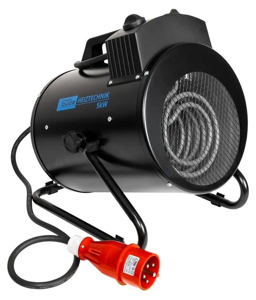 A black electric heater with a red plug is shown against a white background.