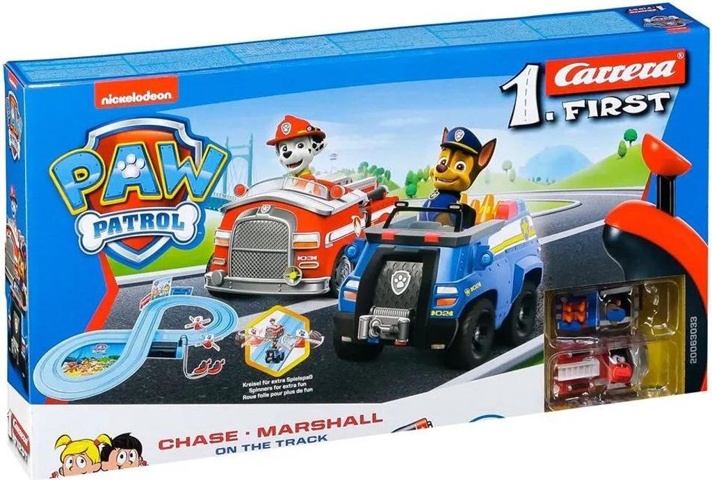 The image shows the packaging of a Carrera First Paw Patrol toy race track set.