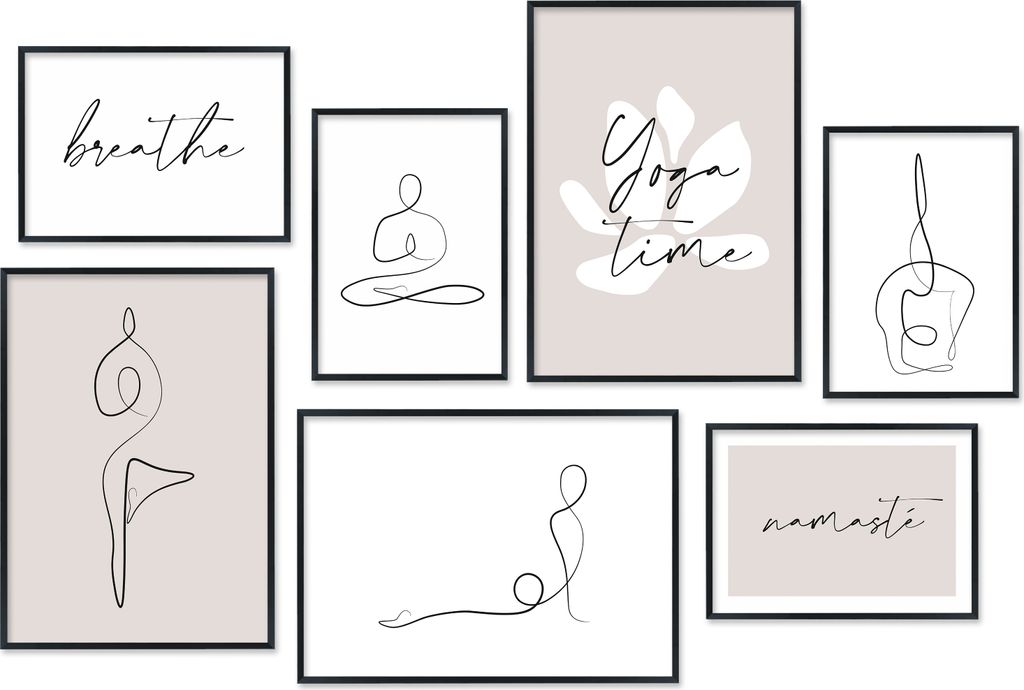 Hyggelig Home Premium Poster Set - 7 passende Bilder OHNE RAHMEN - Yoga Deko - Set Namasté, Option:mit Rahmenset weiß