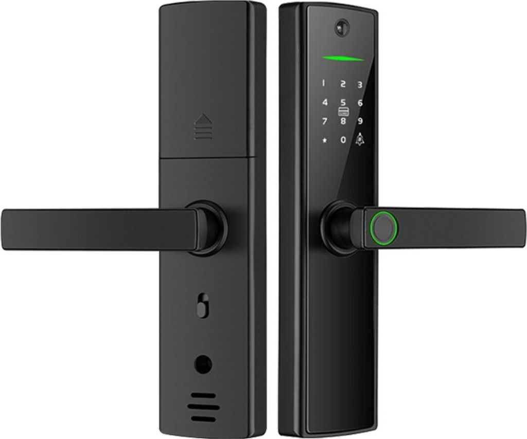 INF Tuya WiFi Smart Türschloss mit Guckloch, Fingerabdruck, Passwort und Schlüssel für Holztüren