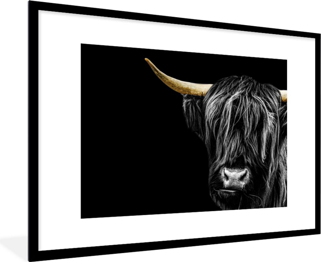 MuchoWow Gerahmtes Poster Schottischer Highlander - Gold - Mantel - Tiere - Kuh 90x60 cm - Poster mit Schwarzem Bilderrahmen Wandposter Rahmen Fo...