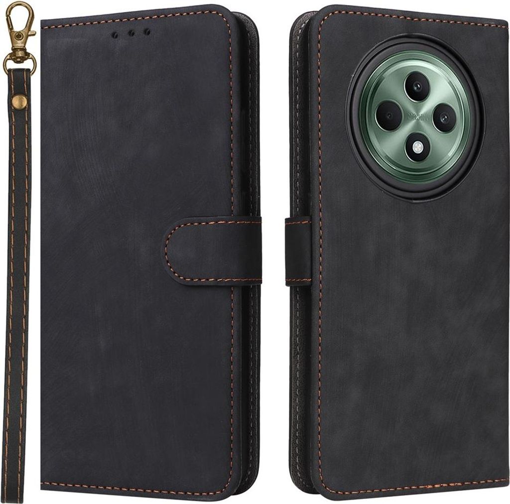 Hülle für Oppo Reno12 F/Reno12 FS - Phonesta Vintage Skin Book Wallet Klapphülle mit abnehmbarer Kordel - Schwarz