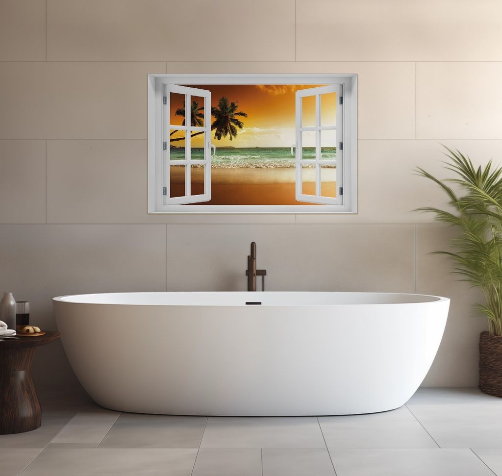 Wallario wasserfestes Poster selbstklebend 91,50 x 61 cm, Palmen am Sandstrand bei untergehender Sonne, Badezimmerposter Spritzschutz mit Hochglanz...