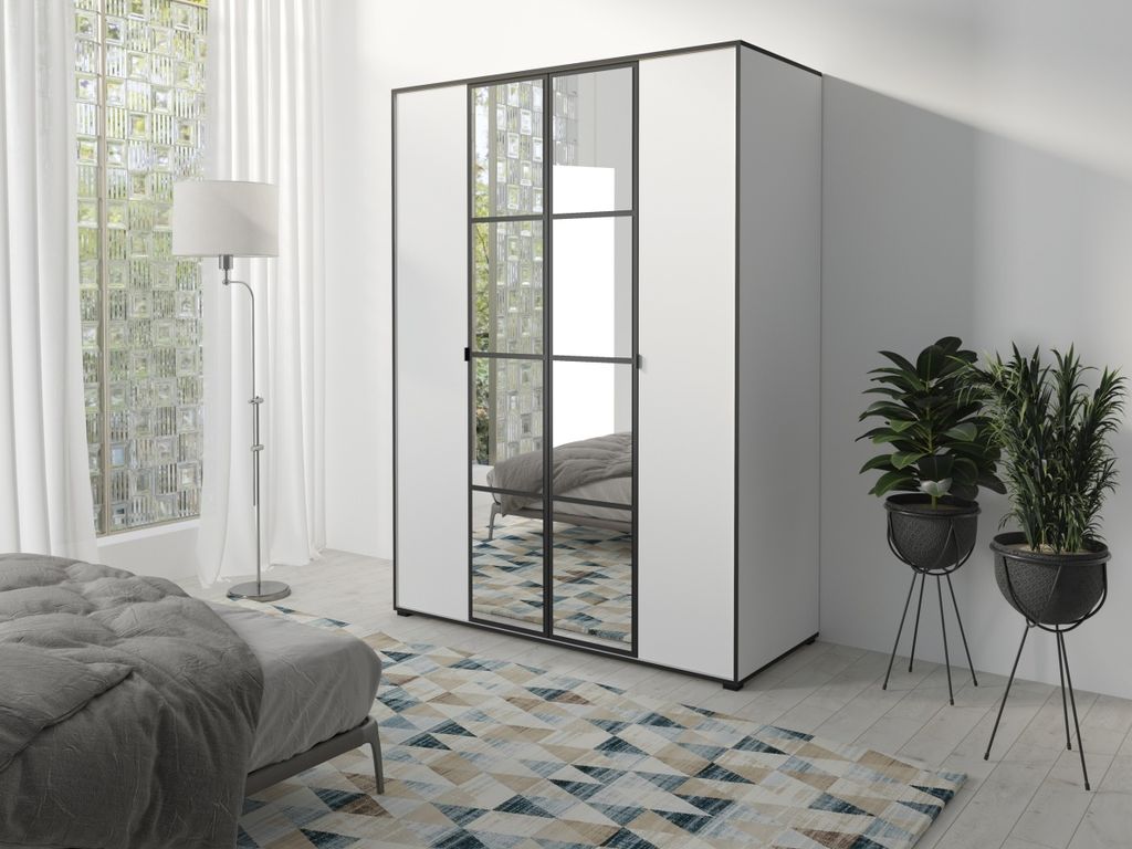 Easy4You OSLO I Weiß Schiebetürenschrank Kleiderschrank 150x206x65 cm mit Spiegel - Schlafzimmermöbel, Aufbewahrung – Mehrzweckschrank mit Kle...