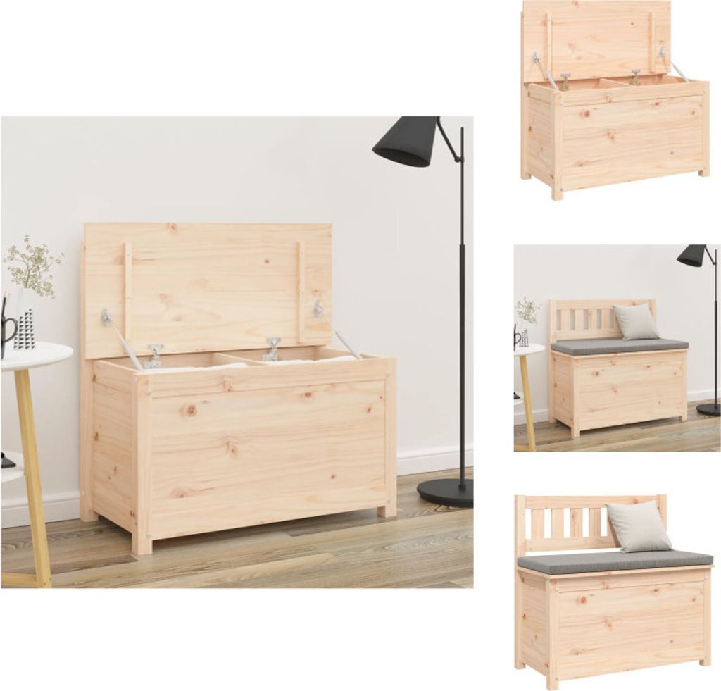 A collage of images showing a wooden storage bench with its lid open and closed, and a close-up of the bench with a cushion.