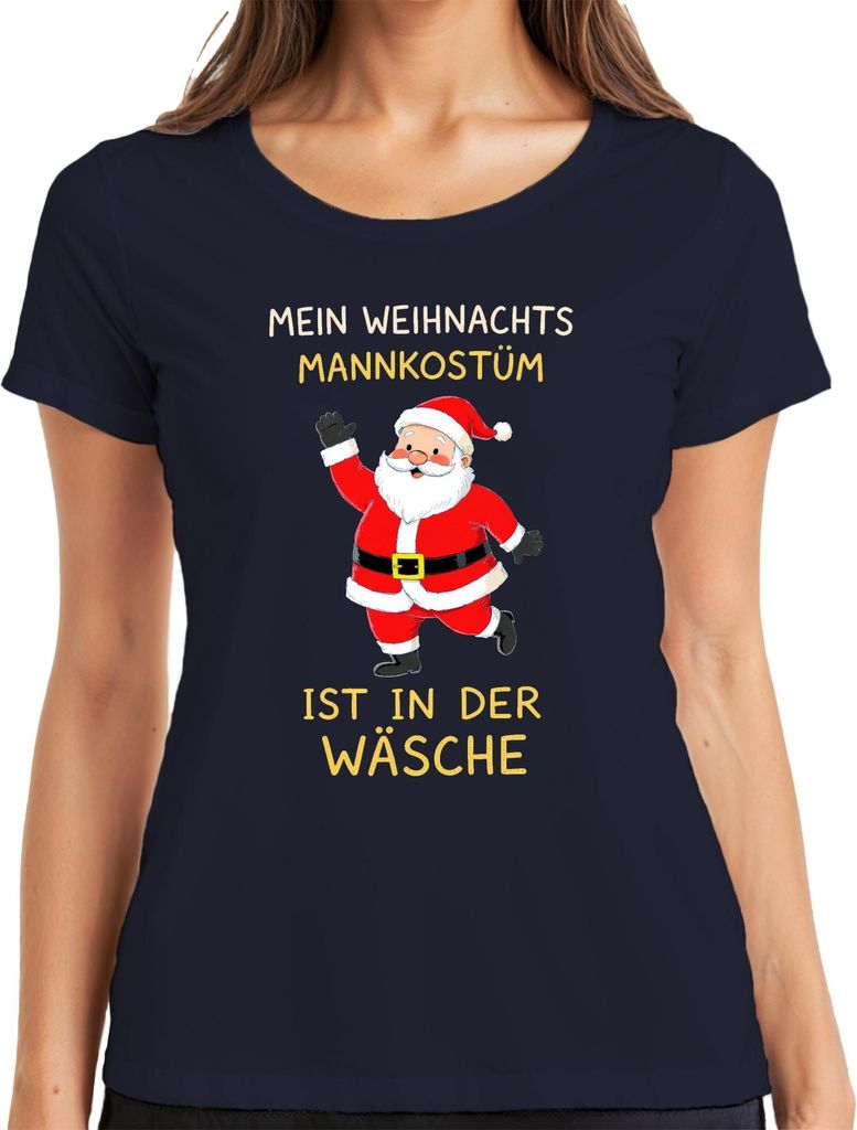 Weihnachtsmannkostüm in der Wäsche Weihnachten Nikolaus Lustig Damen T-Shirt, Navy, XXL