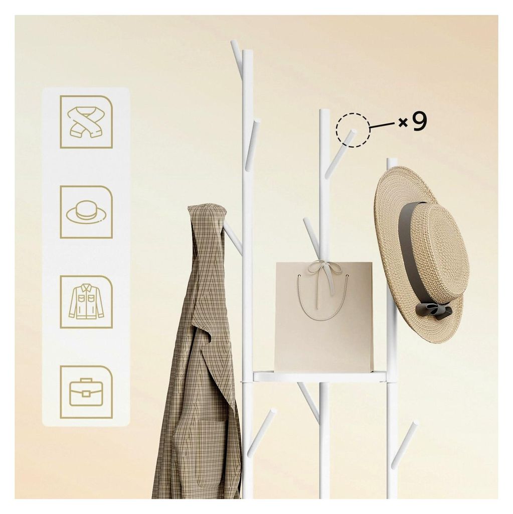 Garderobenständer in Weiß, Baumform mit 3 Ablagen und Marmorbasis, stehende Garderobe mit 9 Haken, vielseitige Standgarderobe für Schals, Tasche...