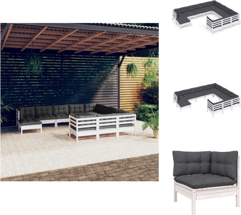 vidaXL 11-tlg. Garten-Lounge-Set mit Kissen Weiß Kiefernholz - Gartenmöbel-Sets