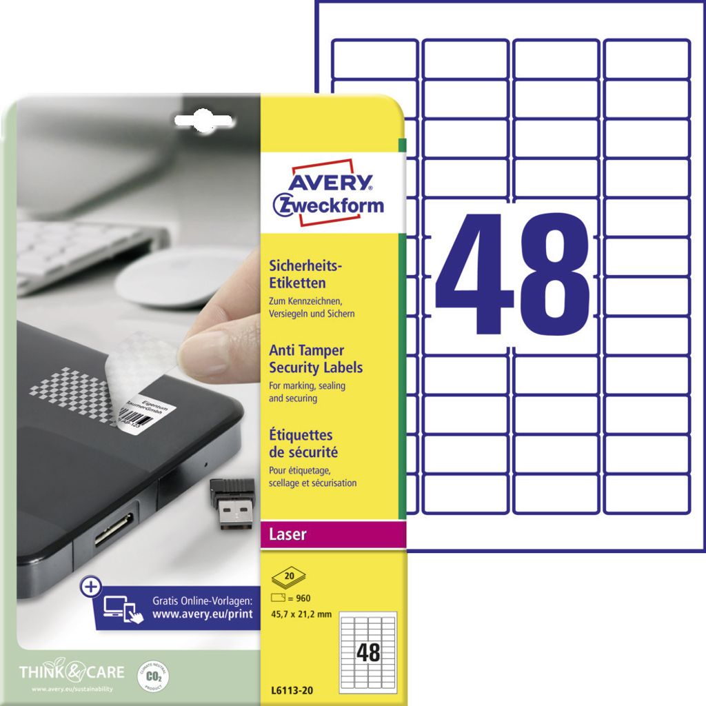 Avery Zweckform L6113-20 Sicherheits-Etiketten, 45,7 x 21,2 mm, 20 Bogen/960 Etiketten, weiß