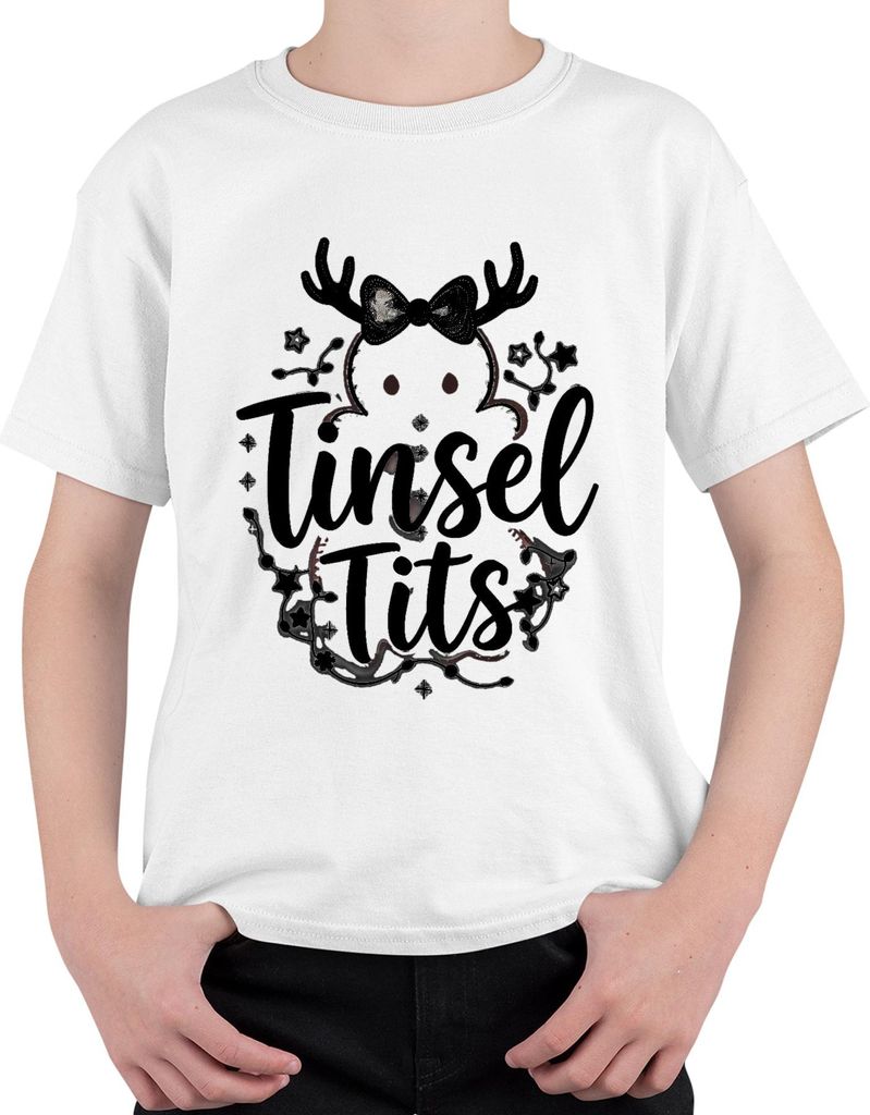 Tinsel Tits lustig Weihnachten Geschenk Rentier Geweih Glitzer Uni Kinder T-Shirt, Weiß, 152