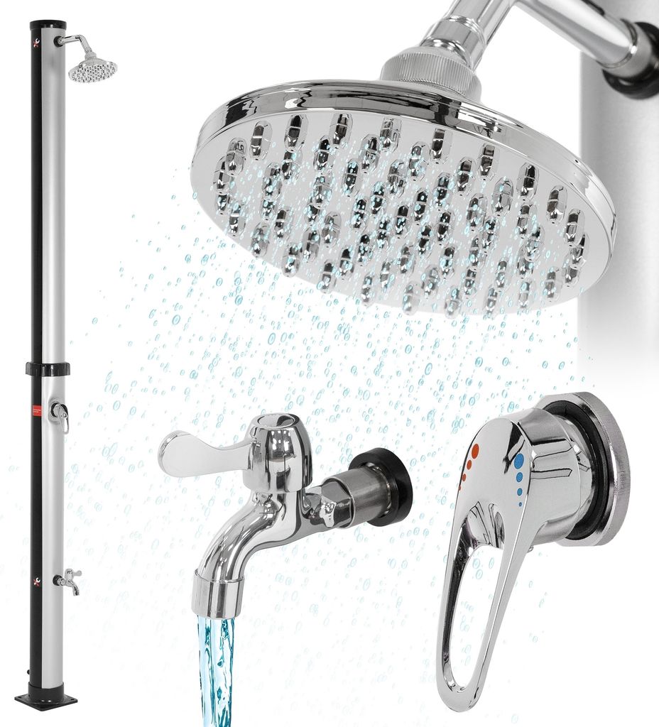 A collection of shower components, including a shower head, faucet, and a shower tower, with water droplets depicted.