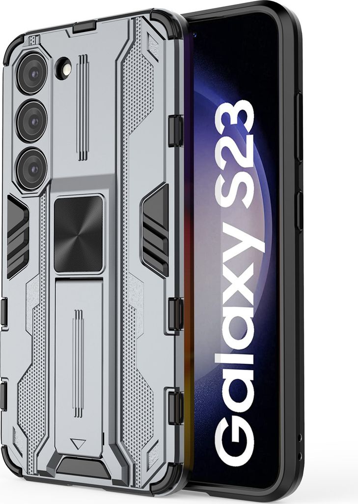 Galaxy S23 Hülle, Dual Layer PC TPU Bumper Stoßfest Ständer Schutzhülle für Samsung Galaxy S23 Grau