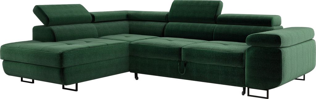 Ecksofa MONTANA mit einstellbare Kopfstützen, Eckcouch mit Schlaffunktion und Bettkasten, Sofa Cord, Polsterecke, Wohnlandschaft Links Grün PS14