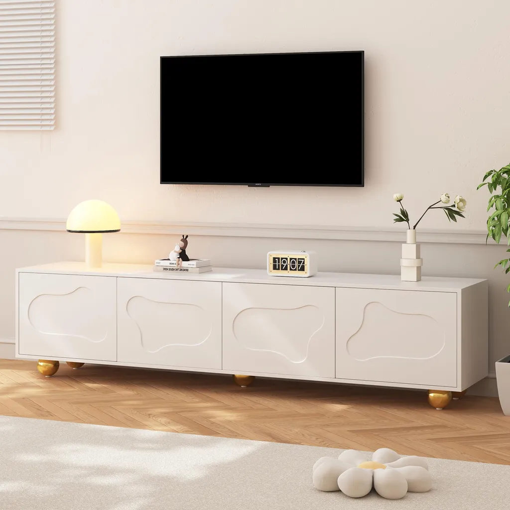 Meuble TV Stable pour Écran Géant 75 Pouces, Rangement 2 Portes Blanc