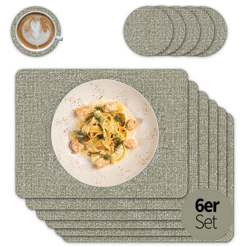 Tischsets mit Glasuntersetzer 6er Set Greige Leinen Stoff-Optik