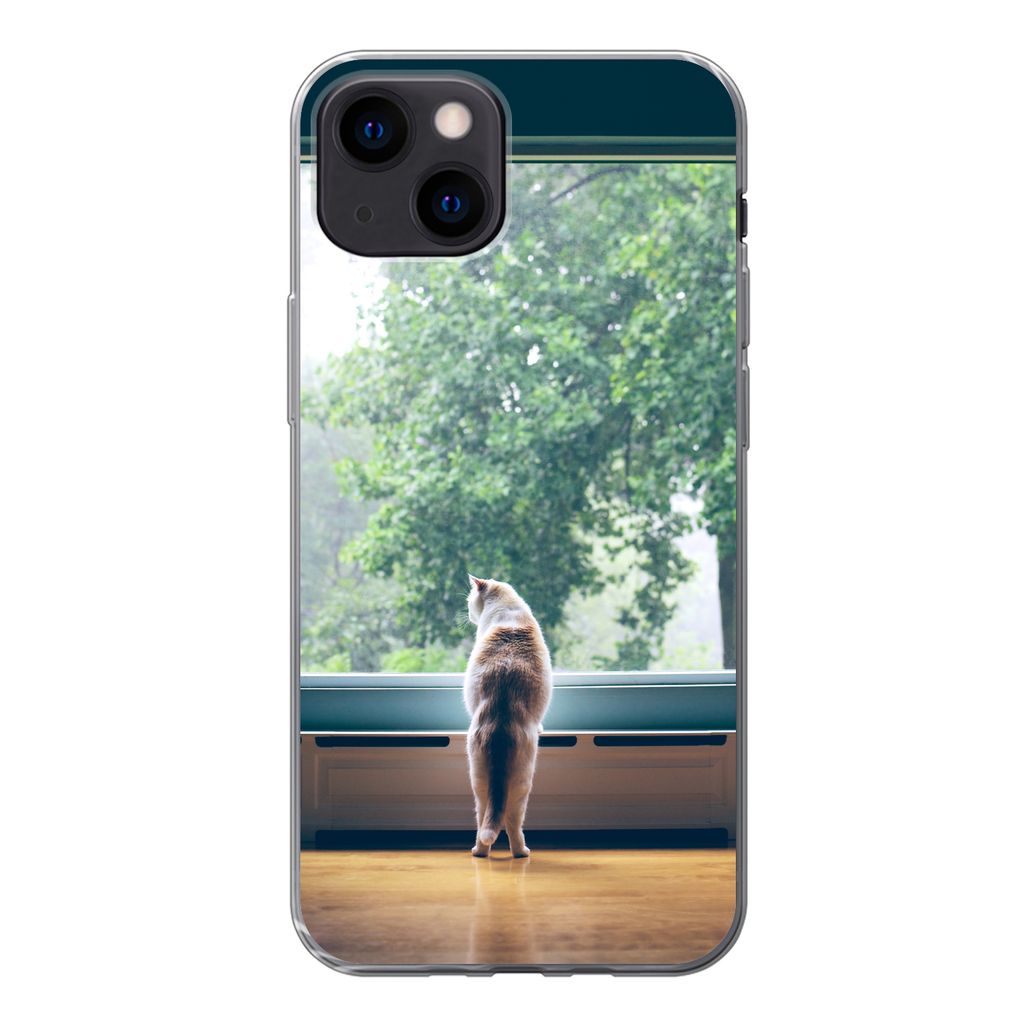 MuchoWow Handyhülle Schutzhülle Hülle für iPhone 13 mini Katze - Fenster - Pflanzen Silikon Softcase Handy Hülle - Softcase