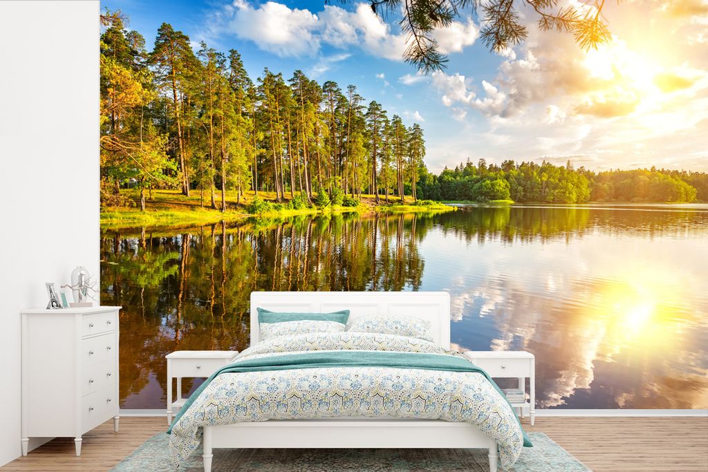 MuchoWow Fototapete für Wohnzimmer oder Schlafzimmer Wandtapete Vinyl Motivtapete Sonne - Wasser - Bäume - 600x400 cm - Vinyltapeten