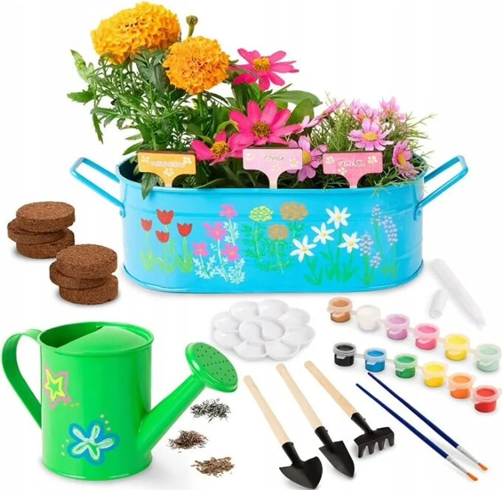 Activité nature enfant avec bac à fleurs et arrosoir métal à peindre