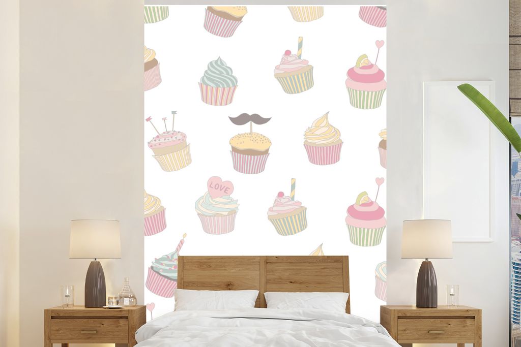 MuchoWow Fototapete für Wohnzimmer oder Schlafzimmer Wandtapete Vinyl Motivtapete Cupcake - Muster - Pastell - 145x220 cm - Wanddekoration