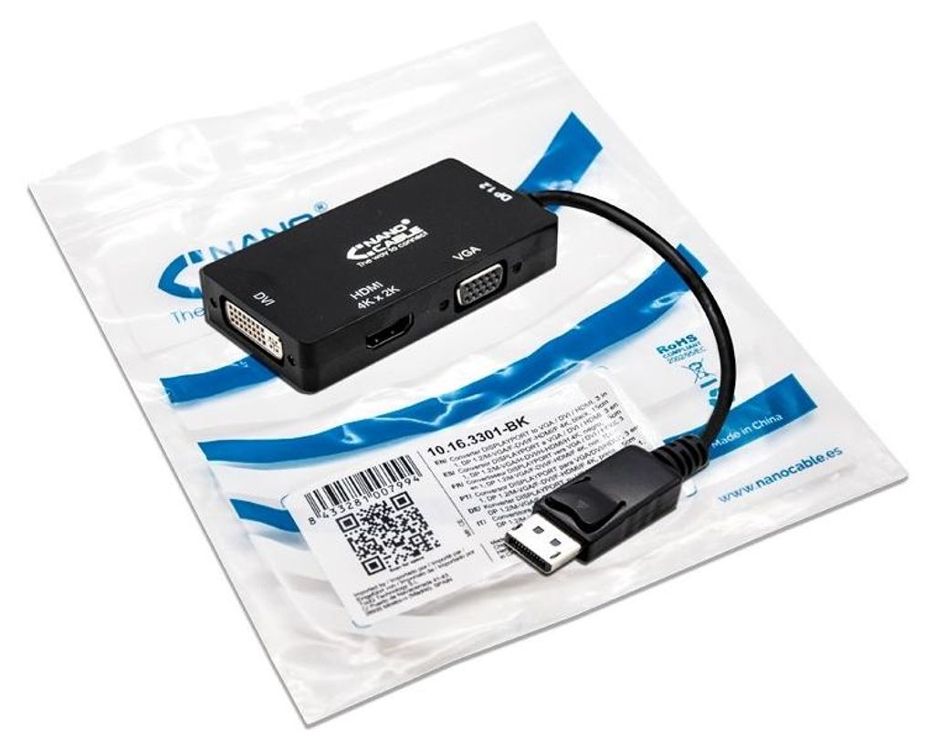 DisplayPort-zu-VGA/DVI/HDMI-Adapter 3 en 1 NANOCABLE 10.16.3301-BK Schwarz