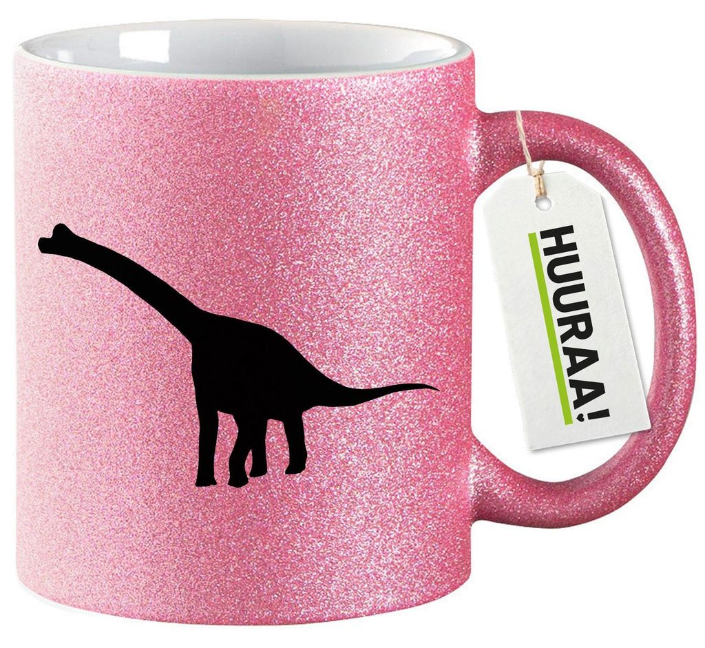 Huuraa Glitzertasse Brachiosaurus Dinosaurier 330ml Pink Keramik Kaffeebecher Geschenkidee