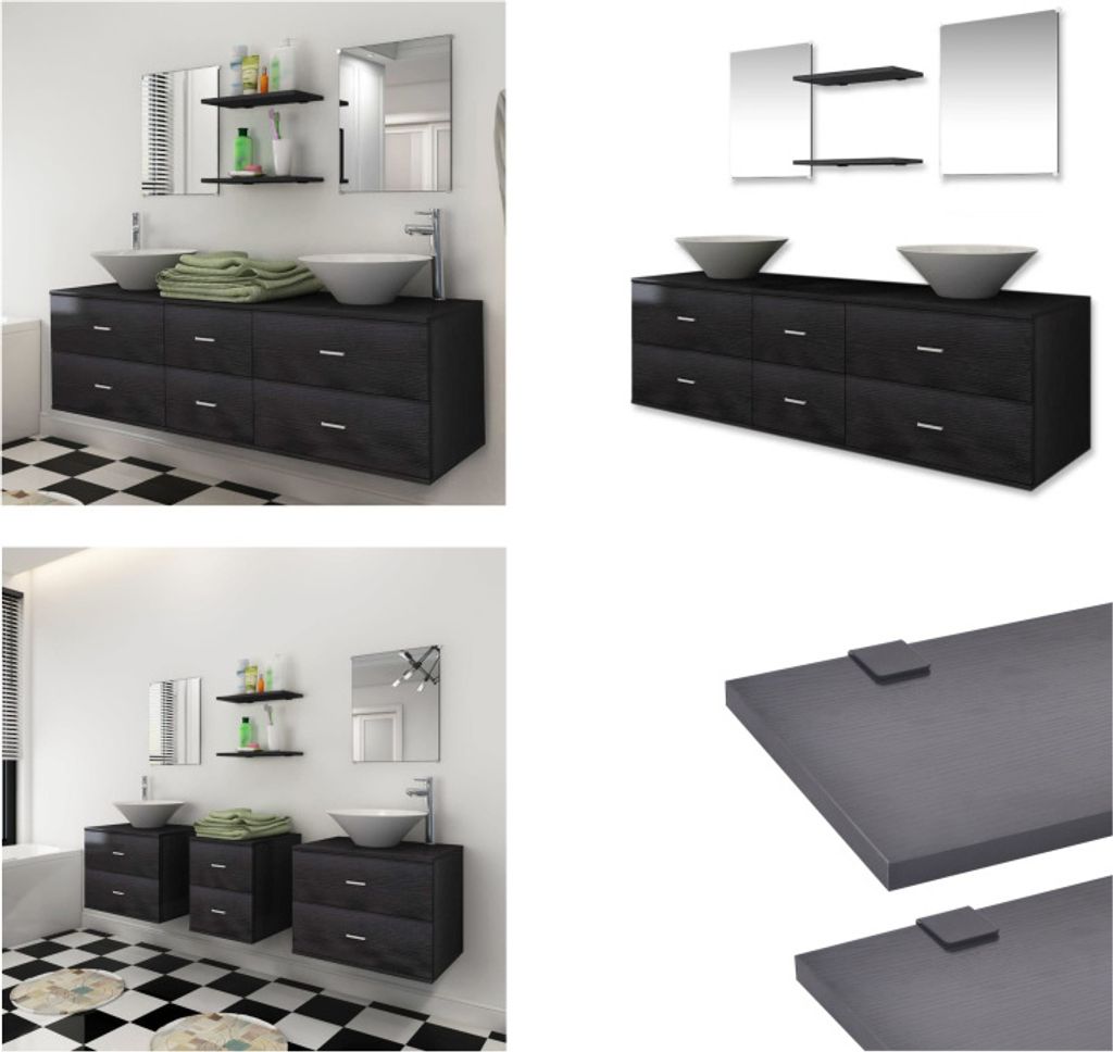 vidaXL 7 tlg. Badmöbel und Waschbecken Set Schwarz - Badezimmermöbel - Badmöbel - Badmöbel Set - Badschrank