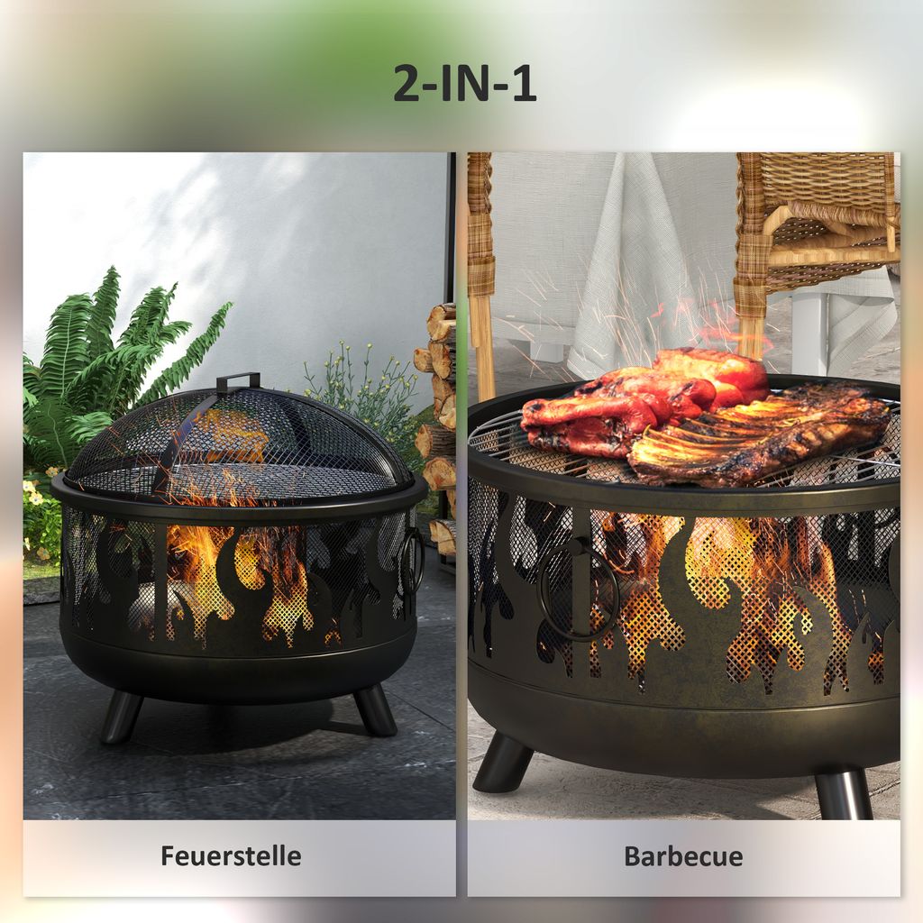 Outsunny Feuerschale Mit Funkenschutz, Grillrost, Eiskübel, (3