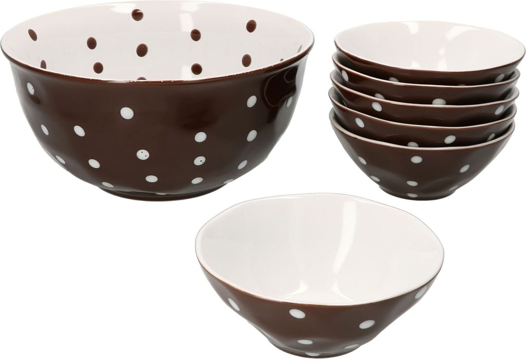 7tlg Set 6x Müslischale + Salatschüsel 24cm braun weiß gepunktet