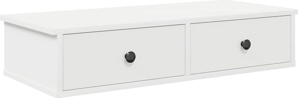 A white wooden shelf with two drawers and black knobs.