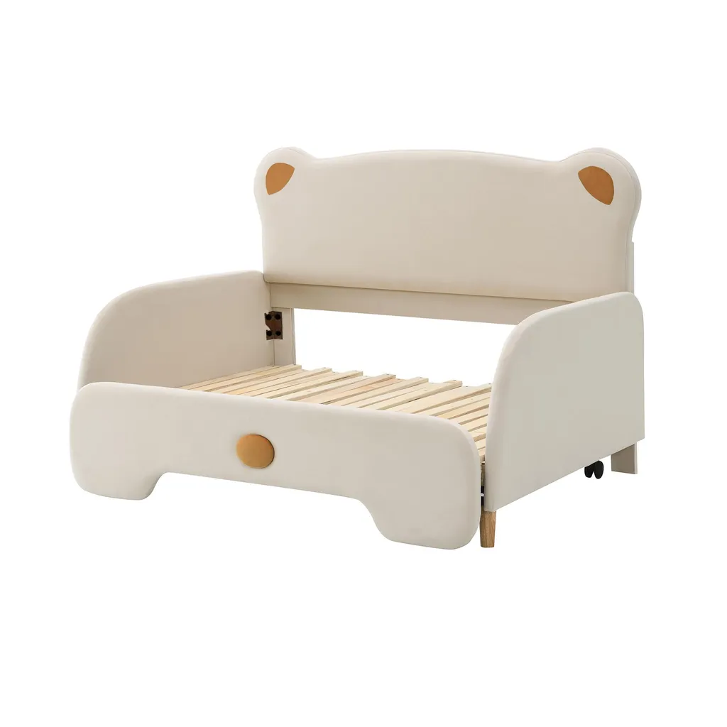 Lit d'Appoint 140x200 cm en Velours Beige pour Invités avec Gigogne