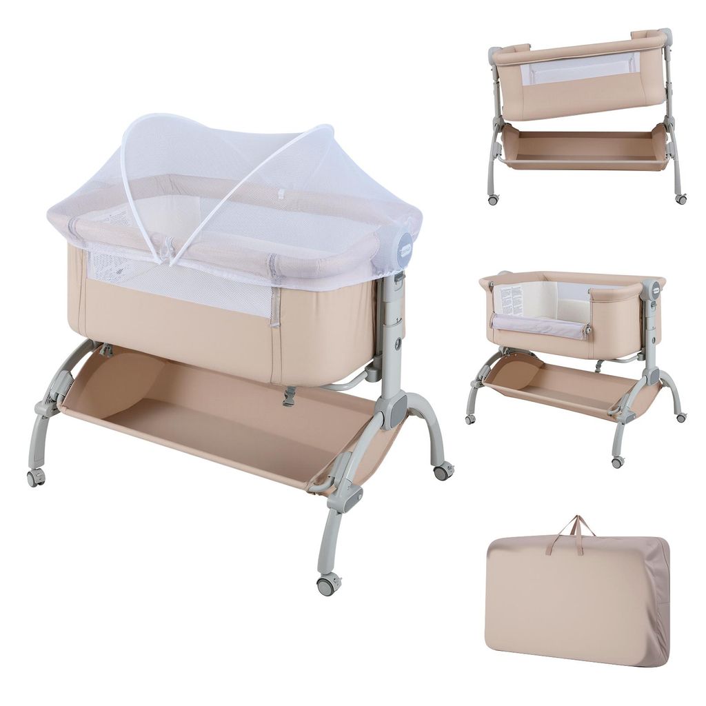 COSTWAY 3 in 1 Beistellbett, Reisebett Baby 7 Fach höhenverstellbar mit Matratze, Tragetasche, Aufbewahrungskorb für Baby bis 9 Monate, Beige