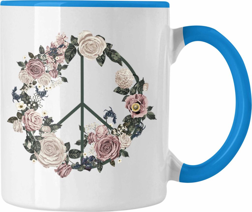 Trendation - Peace Zeichen Tasse Geschenk Hippies Frieden Stop Geschenkidee Blumen Design (Blau)