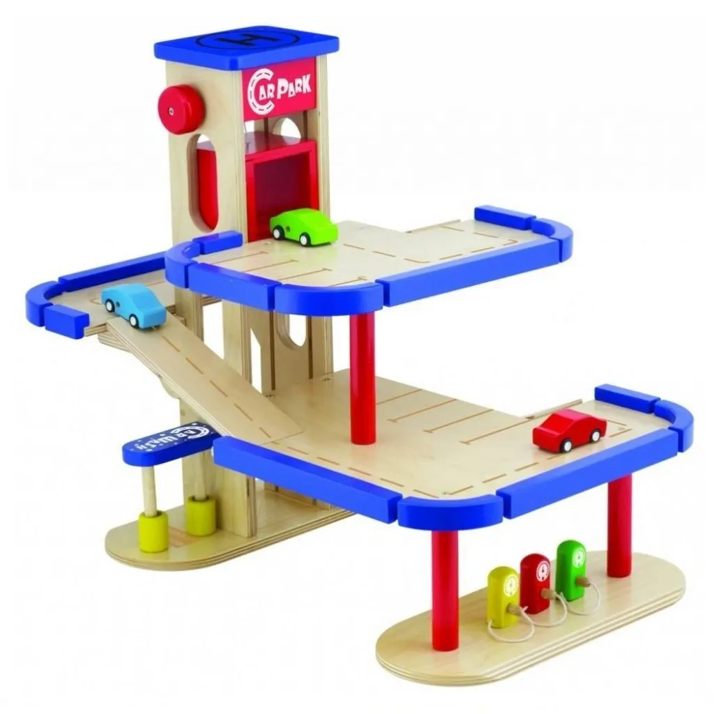 Pintoy Garage Giocattolo in Legno Naturale + 3 Macchinine Incluse