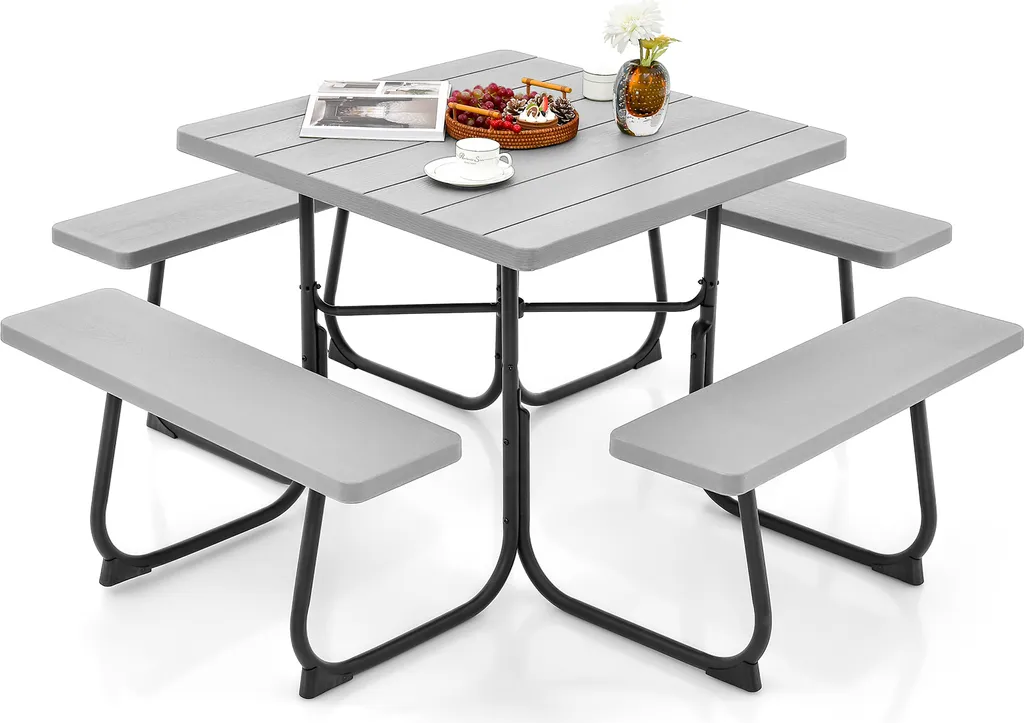 COSTWAY Ensemble de Jardin 8 Personnes Gris avec Trou Parasol et 4 Bancs