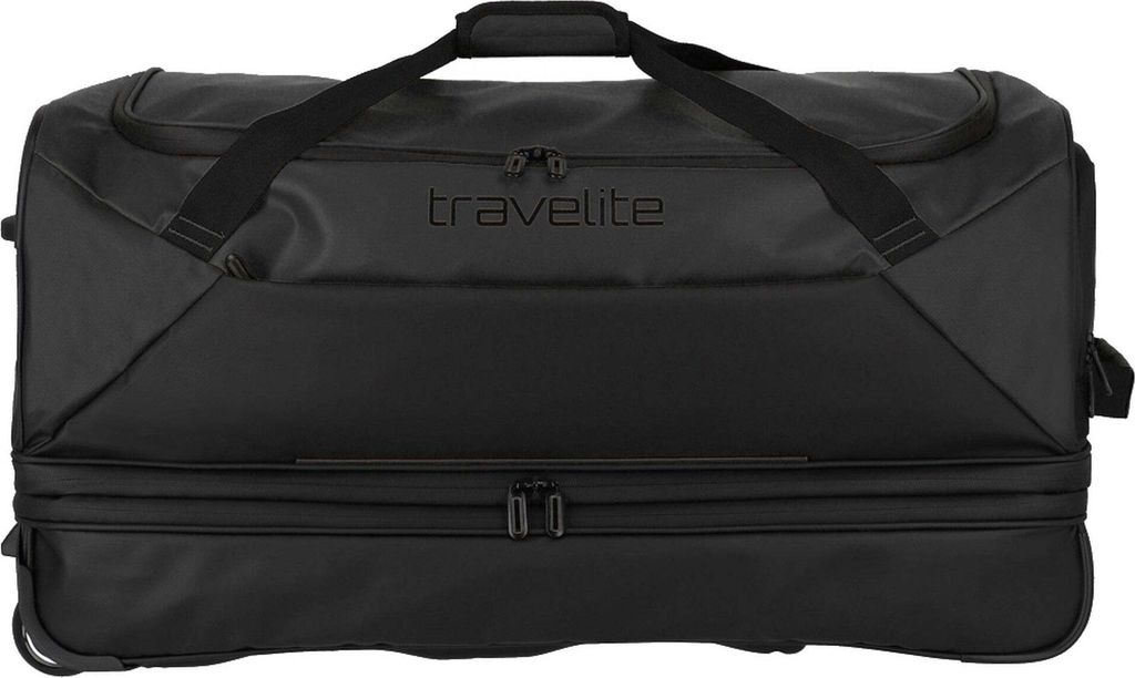 A black Travelite rolling suitcase is shown from the front against a white background.