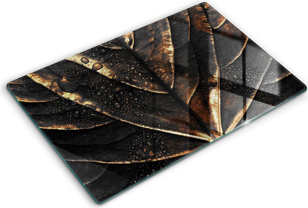 Glasschneideplatte - Herdabdeckplatte - 80x52 cm -Schneidebrett - Spritzschutz -goldenes Blatt