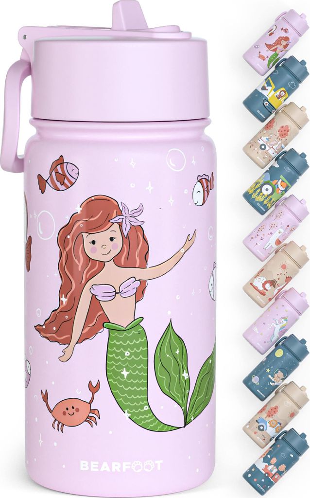 Trinkflasche Kinder Edelstahl mit Strohhalm, Thermosflasche 400ml - BPA frei, auslaufsicher, Kleinkinder, Mädchen & Jungen - Meerjungfrau lila