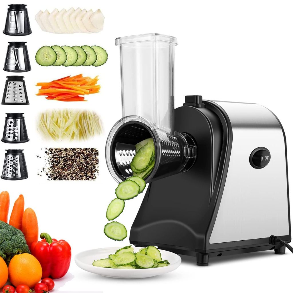 Elektrischer Gemüsehobel 250W, 5-in-1 Edelstahl Gemüseschneider Küchenreibe mit 5 Schneidetrommeln für Obst, Gemüse, Käse und täglichen Gebr...