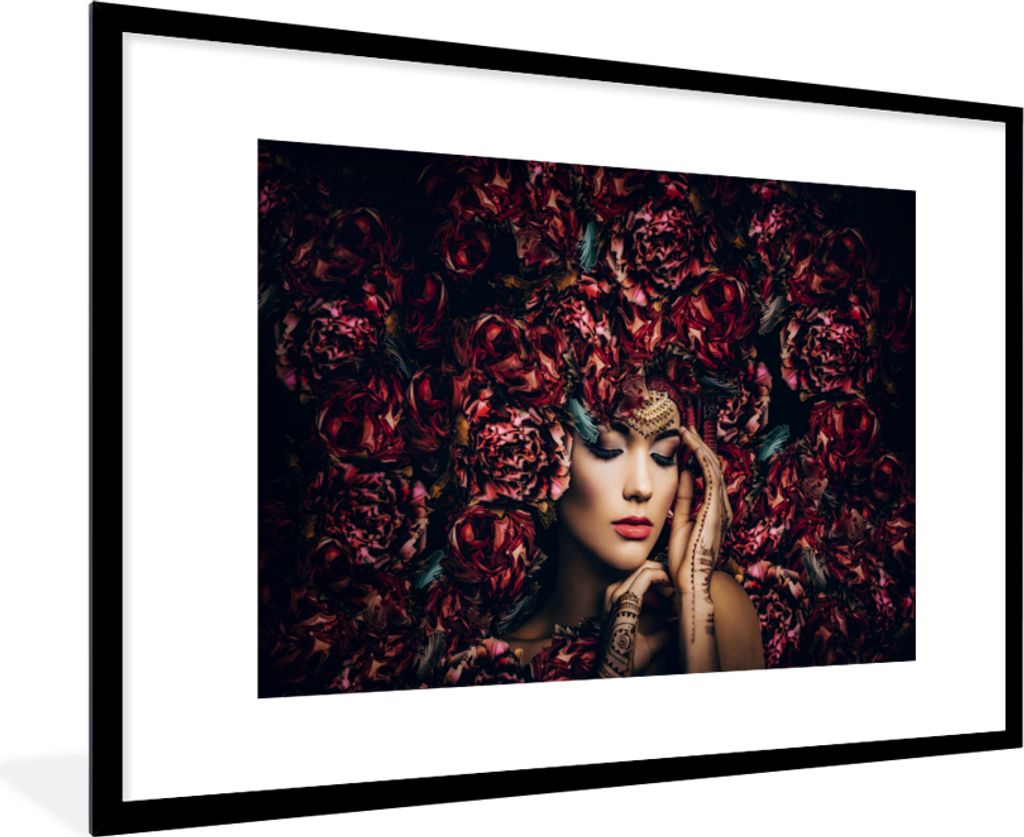 MuchoWow Gerahmtes Poster Frau - Blumen - Henna - Porträt 90x60 cm - Poster mit Schwarzem Bilderrahmen Wandposter Rahmen Foto Bilder - Wanddekor...