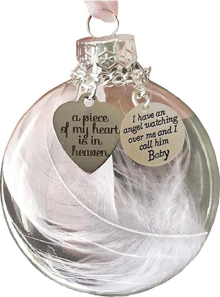 Transparente Weihnachtskugel mit Federn, „Ein Stück meines Herzens ist im Himmel“, 60 mm runde, transparente Kunststoffkugel, Ornamente, Weihn...