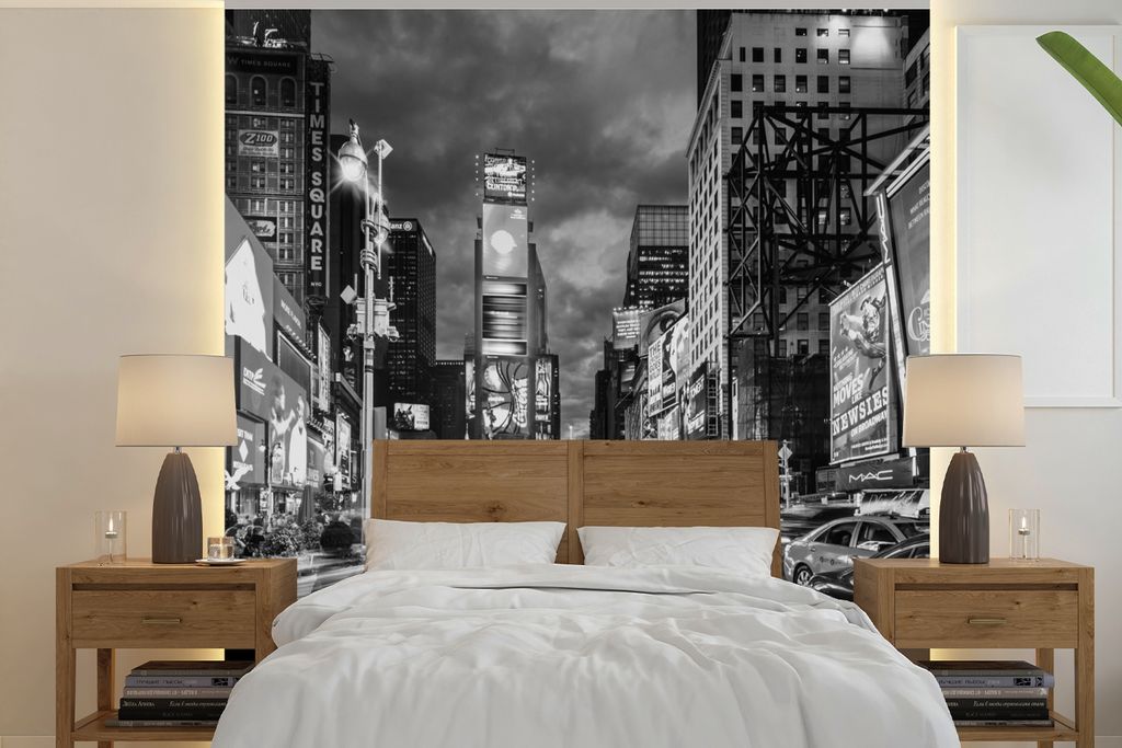 MuchoWow Fototapete für Wohnzimmer oder Schlafzimmer Wandtapete Vinyl Motivtapete Times Square New York - schwarz und weiß - 220x220 cm - Tapeten