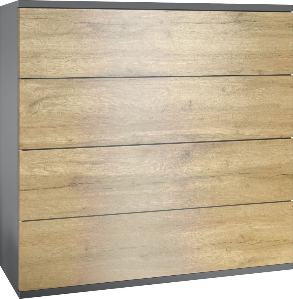 Vladon Kommode Pavos V3 hängend, Sideboard mit 4 Schubladen Anthrazit matt/Eiche Evoke (76 x 94 x 35 cm)