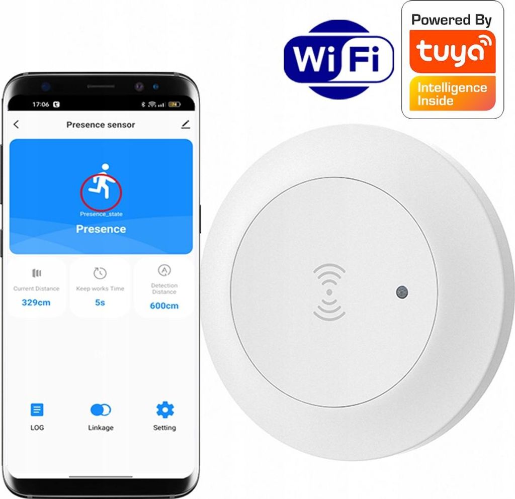 A smartphone displaying a presence sensor app next to the actual presence sensor device, with Wi-Fi and Tuya logos.