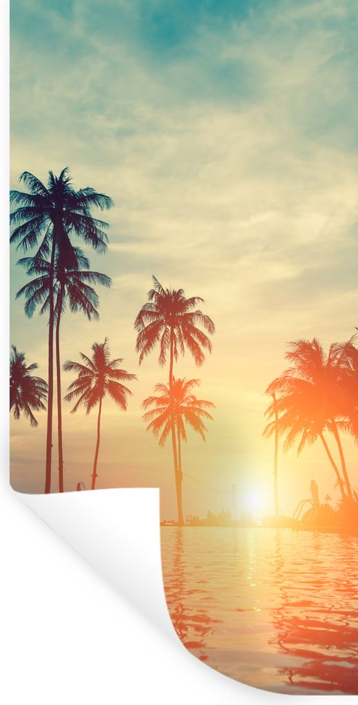 MuchoWow Wandtattoo Wandsticker Wandaufkleber Meer - Sonnenuntergang - Palme - Wolken 40x80 cm Selbstklebend und Repositionierbar - Repositionier...