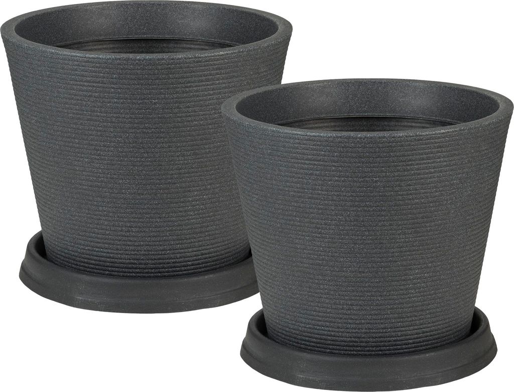 Scheurich 2er Set Blumentöpfe Coneo 40 mit Untersetzern, rund, aus Kunststoff Farbe: Schwarz-Granit, 38,5 cm Durchmesser, 33,2 cm hoch, 26 l Vol.
