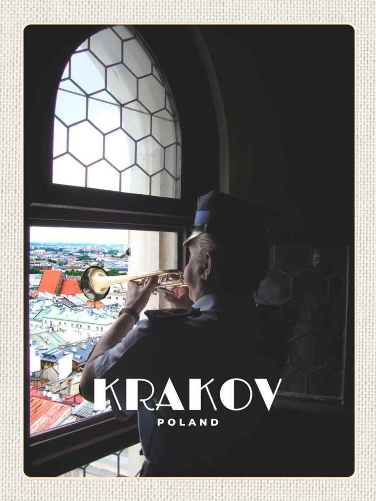 vianmo Holzschild 40x30 cm Krakow Polen Mann Trompete Bildmotiv Reisemotiv Straße Stadt