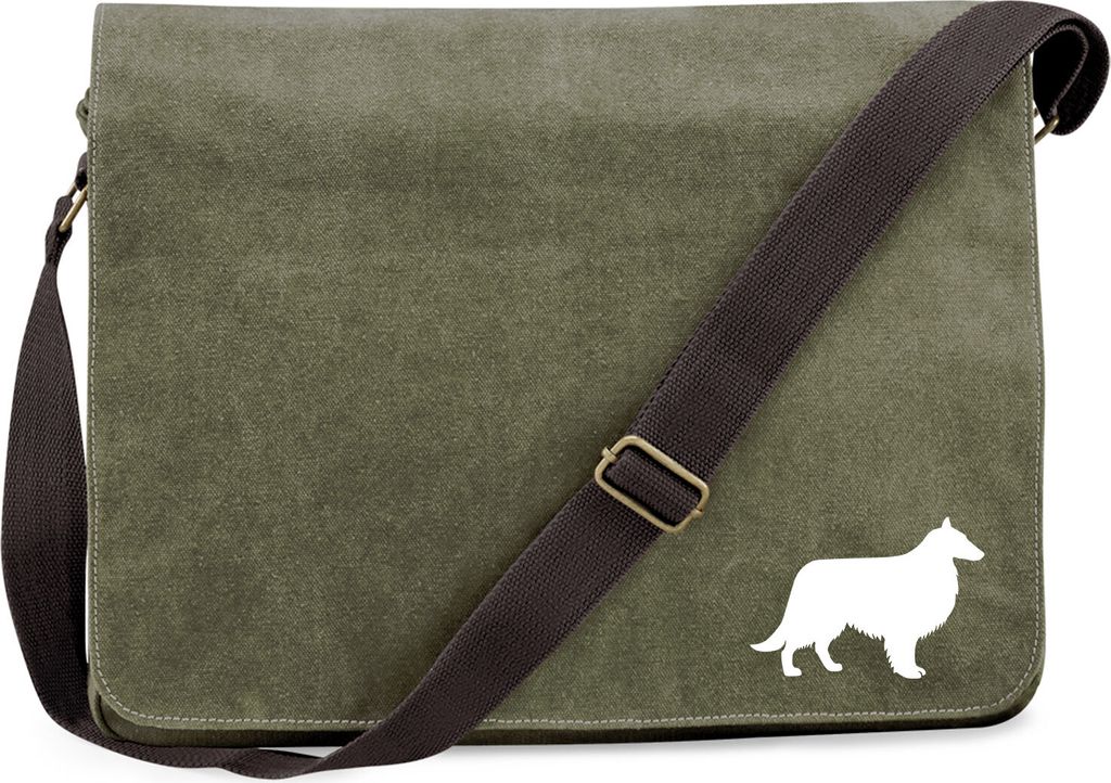 Huuraa Umhängetasche Collie Sheltie Silhouette 14 Liter Military Green Canvas Laptoptasche Geschenkidee