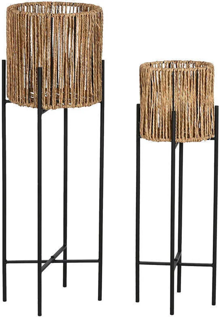 Jardinière Haute sur Pied Noir Métal et Fibre pour Décoration Intérieure