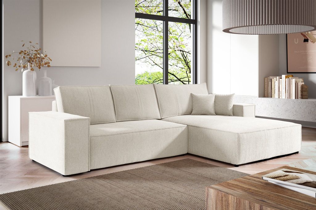 Ecksofa Schlafsofa LEVIO Stoff ARAGON Weiß Ottomane Rechts