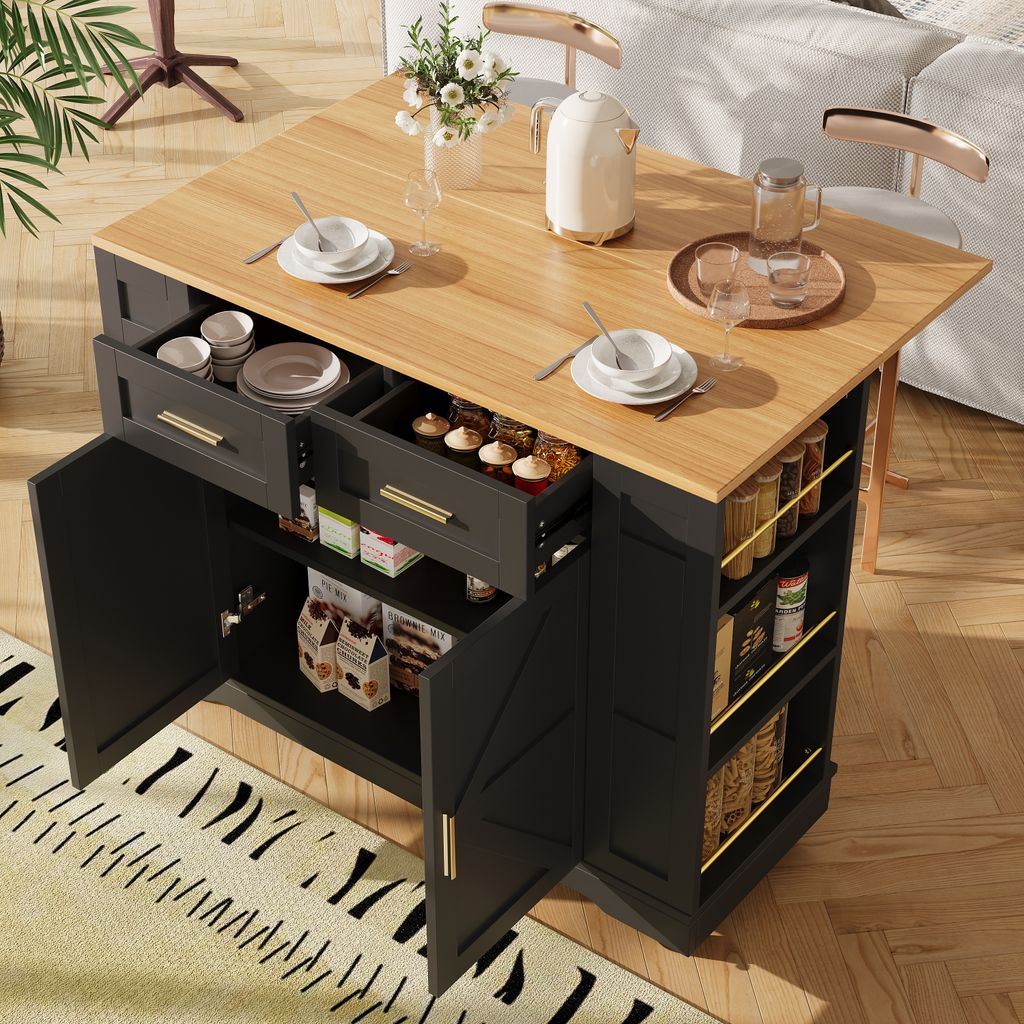 Flieks Servierwagen mit klappbarer Arbeitsplatte, moderne Kücheninsel 120x40-65x90 cm, multifunktionaler Speisewagen mit viel Stauraum, schwarz